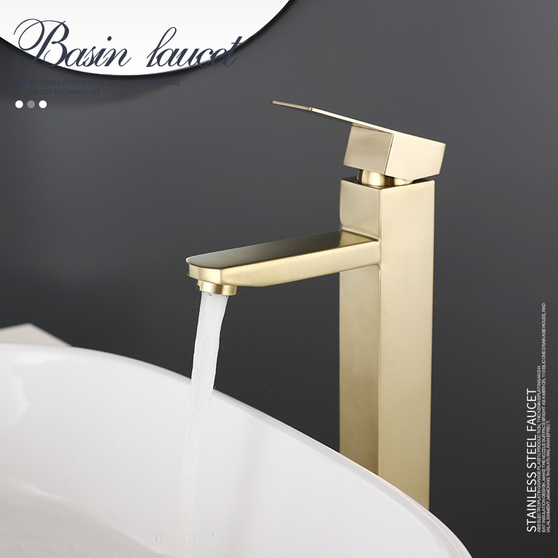 304 stainless steel brushed gold square basin faucet washbasin, square single-hole cold and hot water faucet for export details Picture