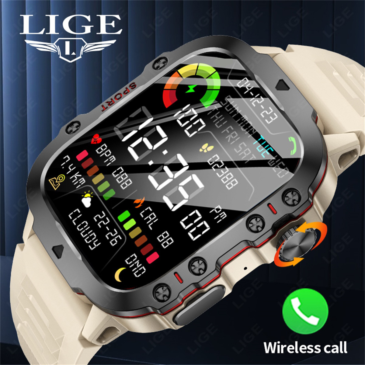 LIGE's new square men's multi-functional waterproof, photo-taking, call and health monitoring smartwatch full figure