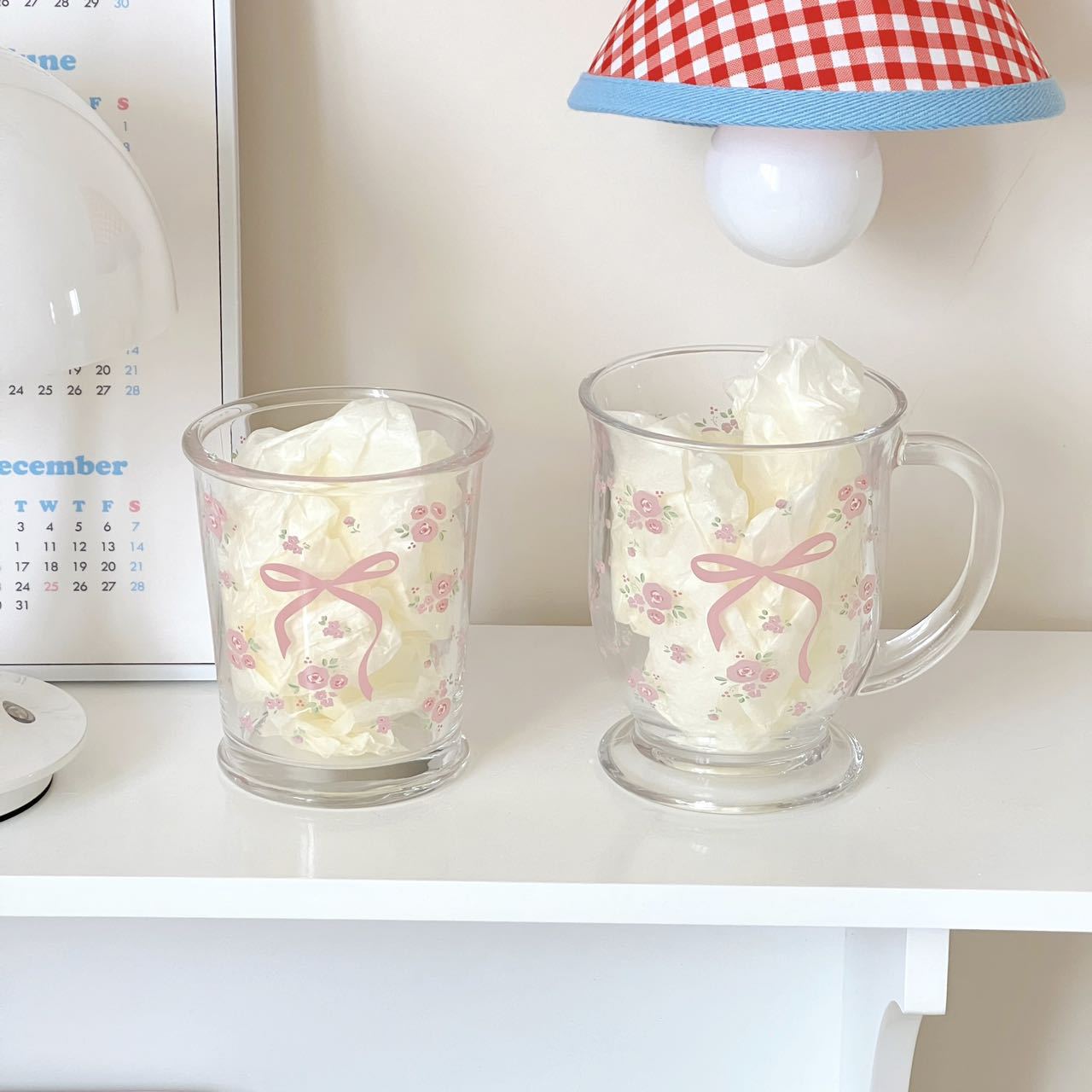 Cute bow floral glass cup, high school girls' appearance level, household drinking cup, transparent cold drink milk coffee cup Specification drawing