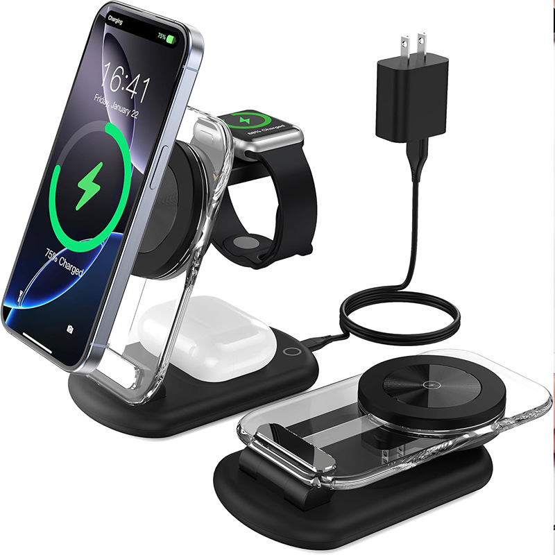 The new foldable magnetic multi-functional three-in-one wireless charger is suitable for the iPhone 15MagSafe phone charger full figure