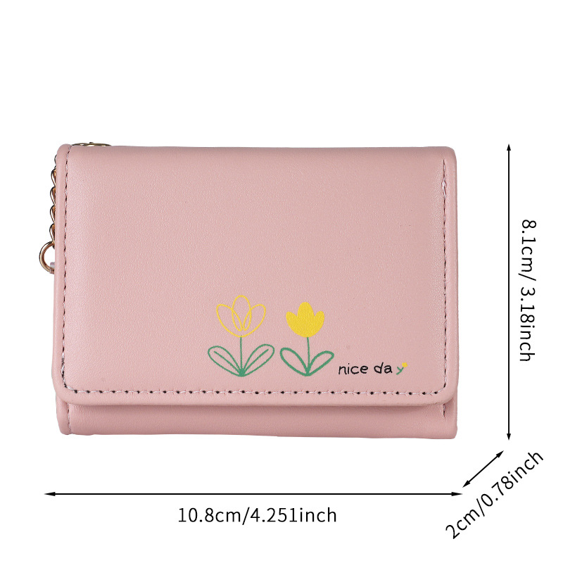 2024 New mini wallet Women's short three-fold solid color simple print cute and fresh student folding wallet card case Item Picture