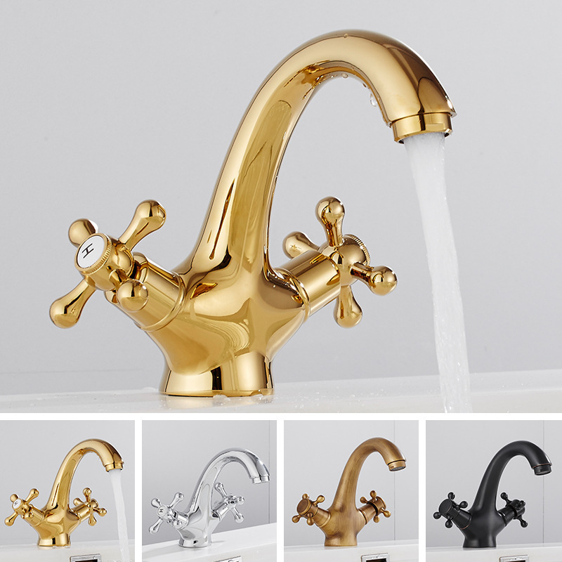 European-style copper double-handle golden faucet, antique washbasin faucet, bathroom hand washing, hot and cold washbasin, retro faucet Application Scenario