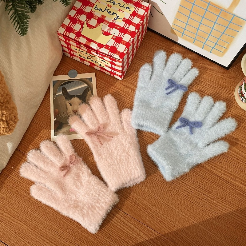 Winter gloves with bow, super warm gloves for women, thickened plush warm gloves, knitted Specification drawing