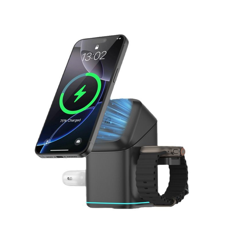 Qi2-certified magsafe magnetic three-in-one wireless charger for mobile phone rotating desktop, suitable for Apple Watch Item Picture