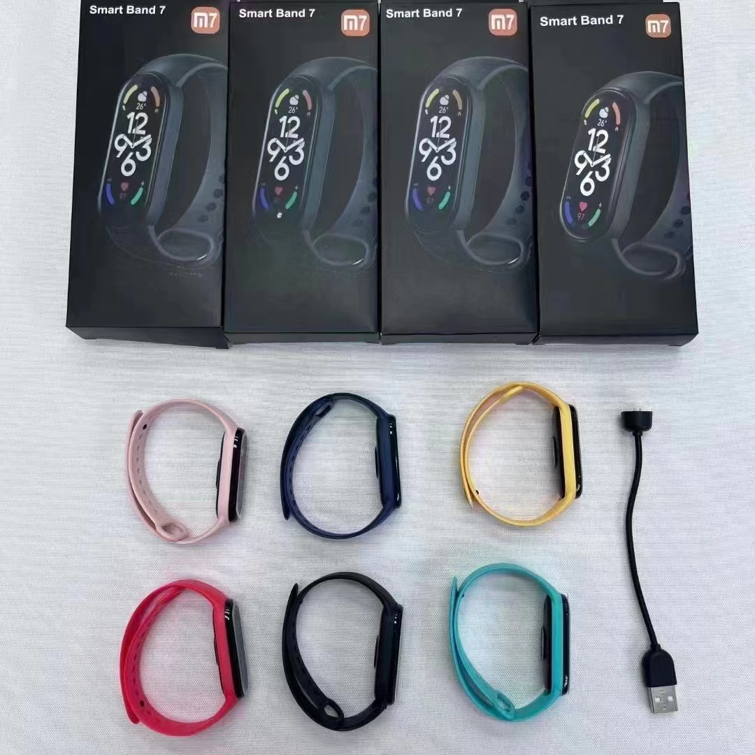 M5, M6 and M7 smart wristbands with color screens, step count, heart rate, blood pressure, incoming calls, information reminders, and one-piece consignment service Specification drawing