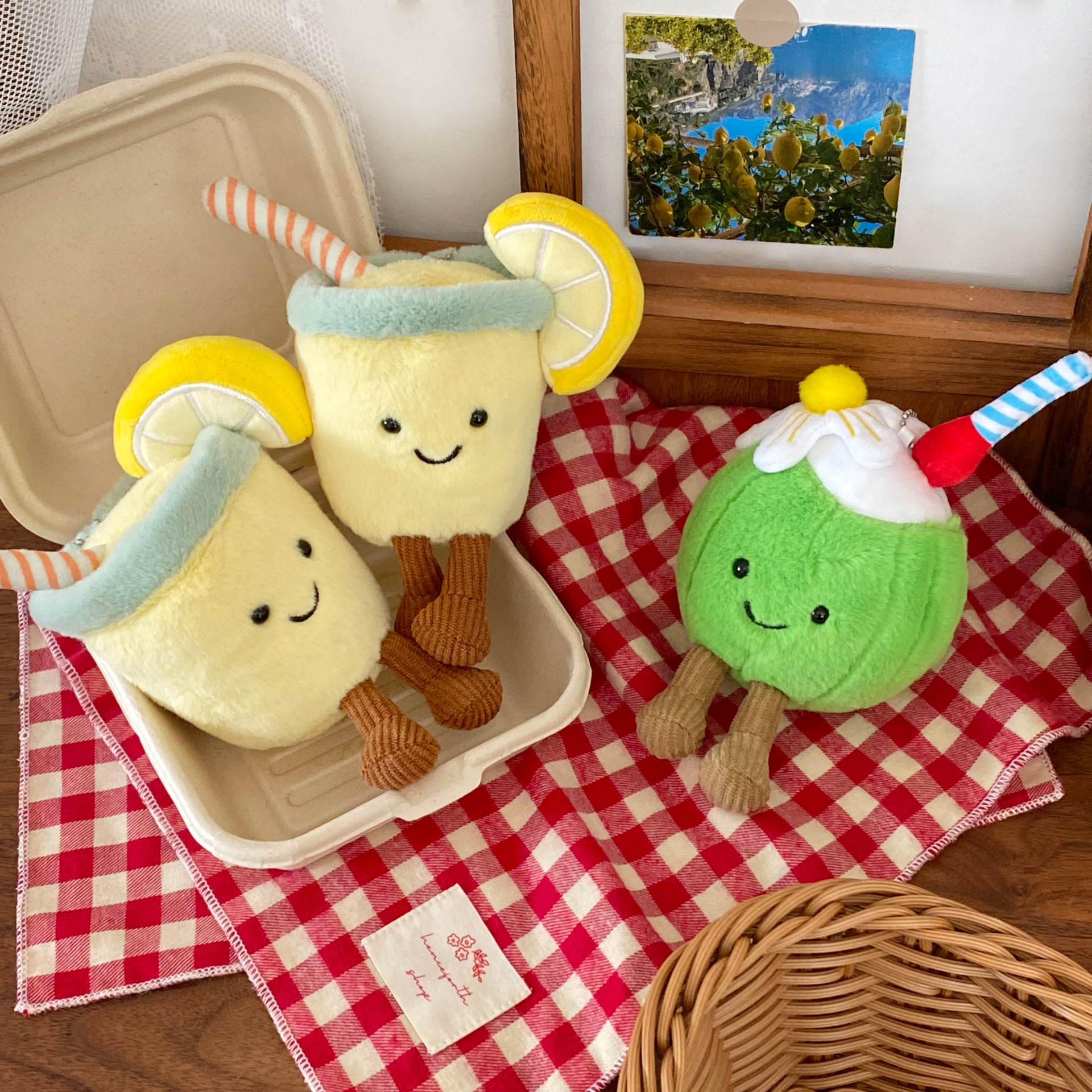 Creative and cute plush pendant, summer limited edition coconut keychain, fun lemon soda small doll bag pendant full figure