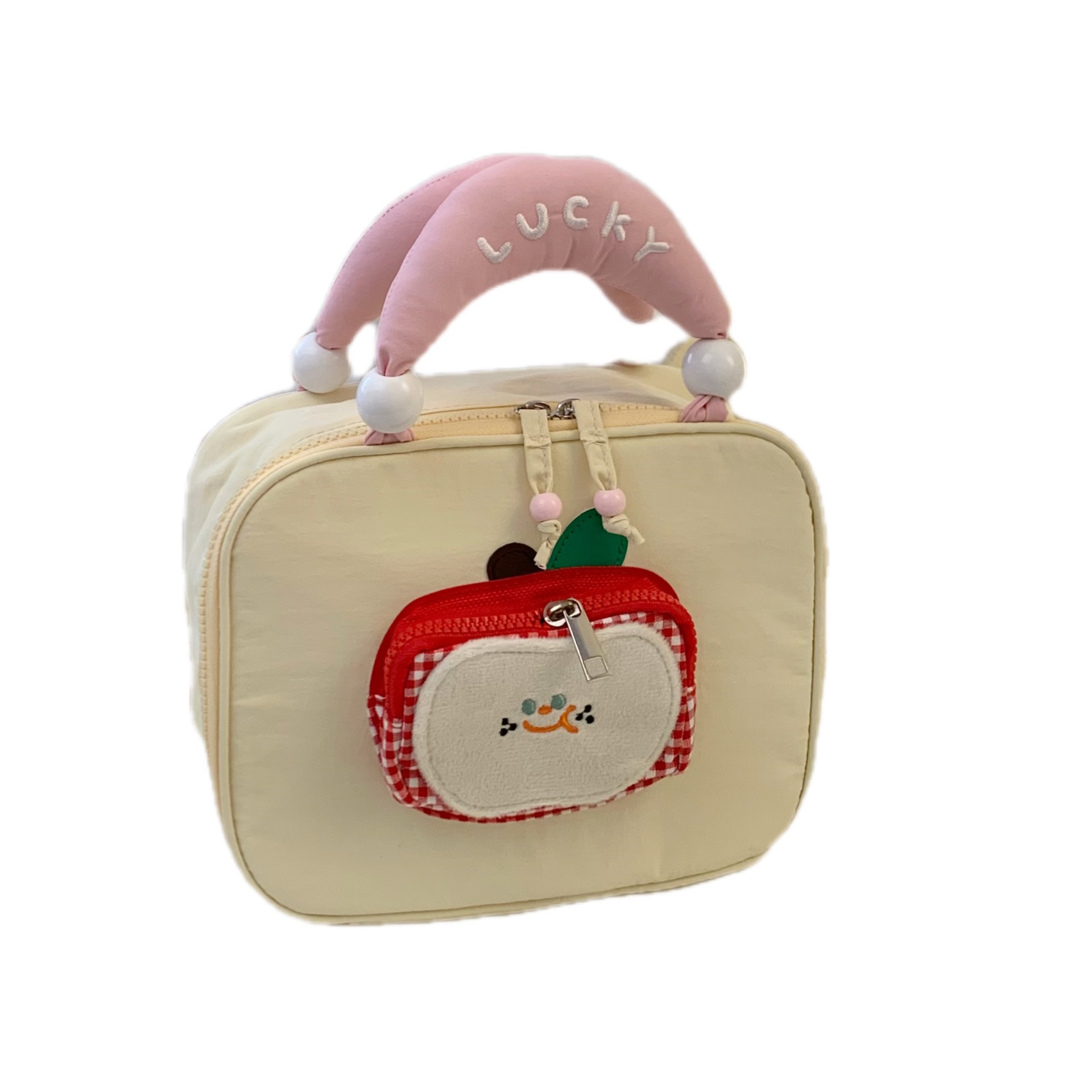 Cartoon Apple hand-held makeup bag for women, high-end large-capacity makeup bag, hand-held toiletry bag, layered travel storage bag Item Picture