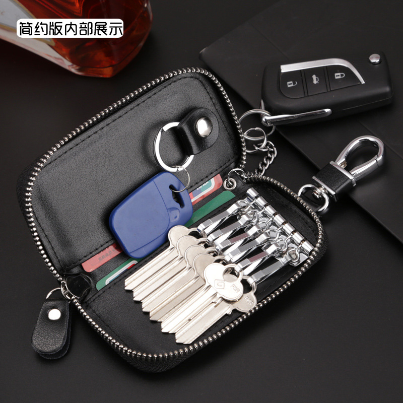 Large-capacity car key case, men's waist strap, genuine cowhide, women's card case, zipper, multi-functional storage for loose change, keychain details Picture