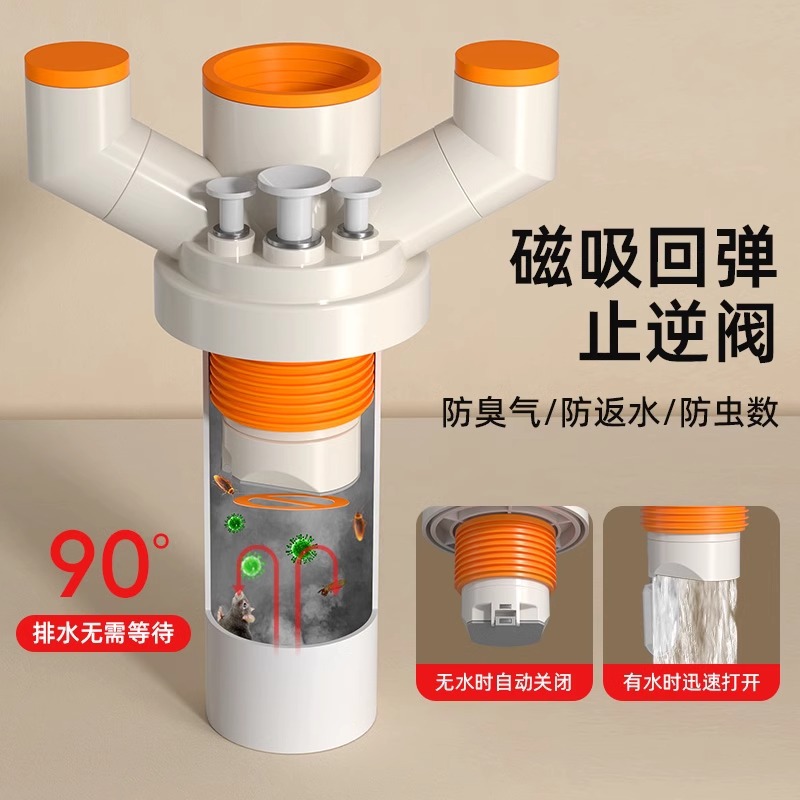 Three-head drain pipe for kitchen sink, vegetable basin, dishwasher, drainage pipe, anti-odor return multi-functional drain plug Specification drawing