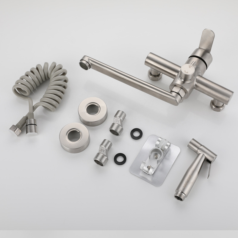 304 stainless steel cold and hot brushed in-wall double-hole kitchen sink faucet with cleaning nozzle without drilling Item Picture