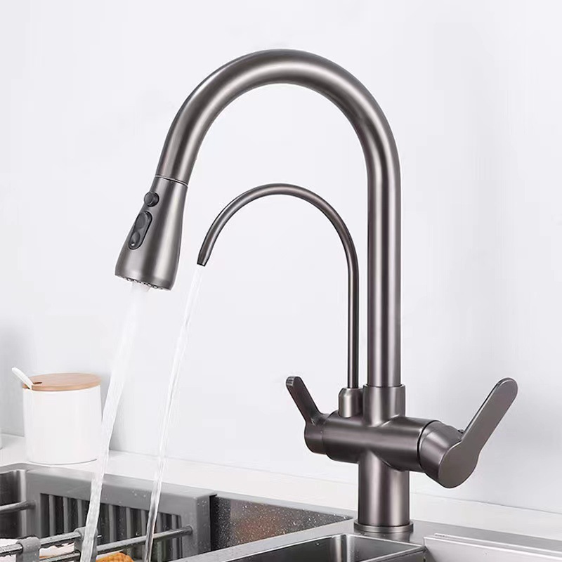 Cross-border all-copper pull-out cold, hot and purified water three-in-one kitchen faucet, rotating dish basin, purified water direct drinking faucet full figure