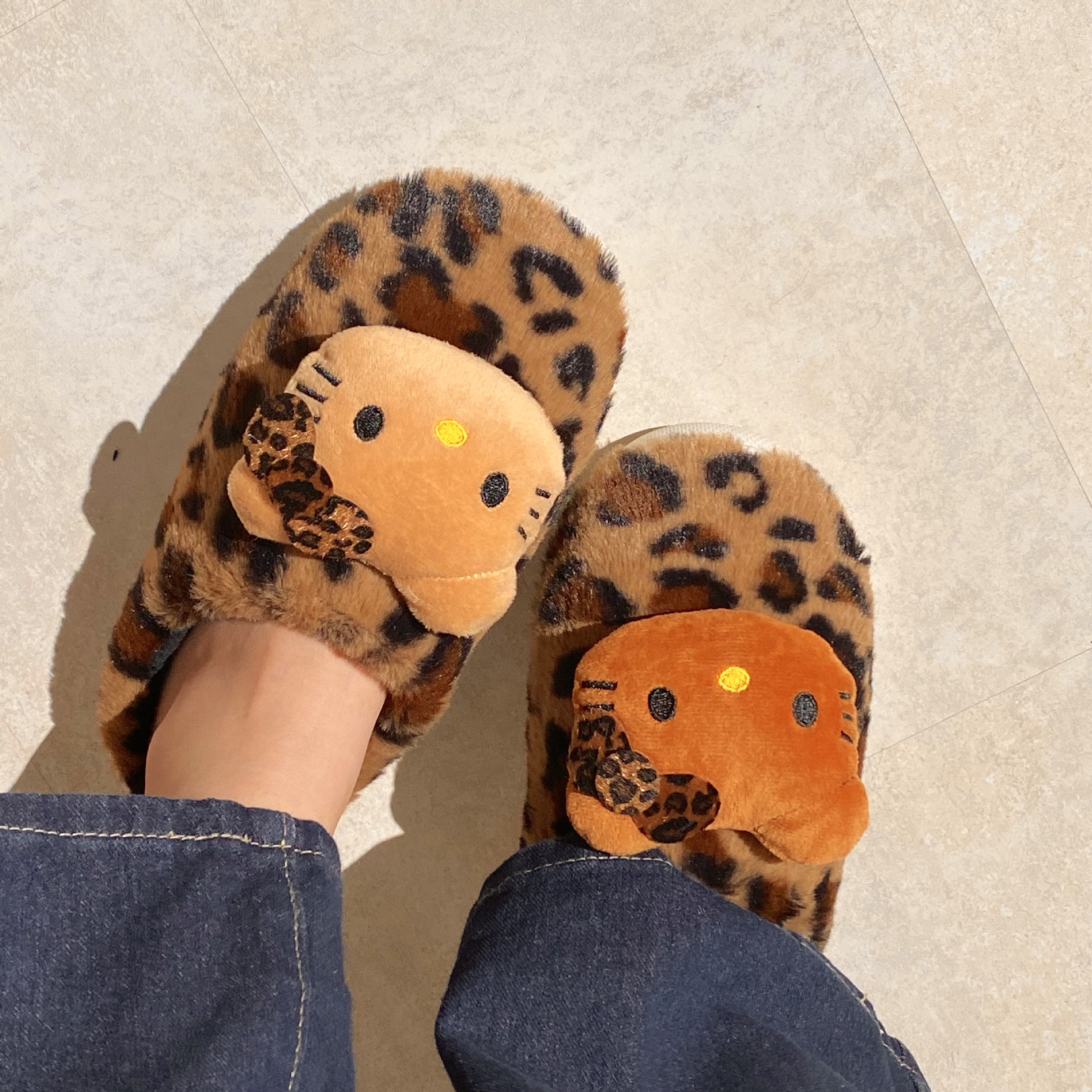 Leopard print cat slippers 2024 New style cotton slippers for women's winter couple, plush eva thick-soled home indoor headwear Item Picture