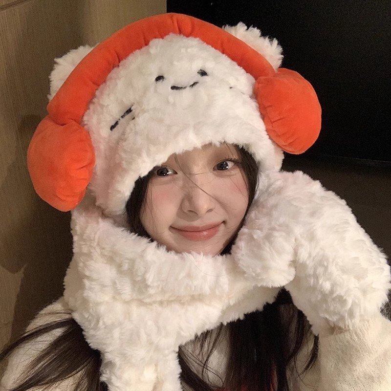 Cute cartoon headphones, kitten fur hat, thickened warm hat and scarf for women in autumn and winter, ear-protecting Lei Feng hat full figure