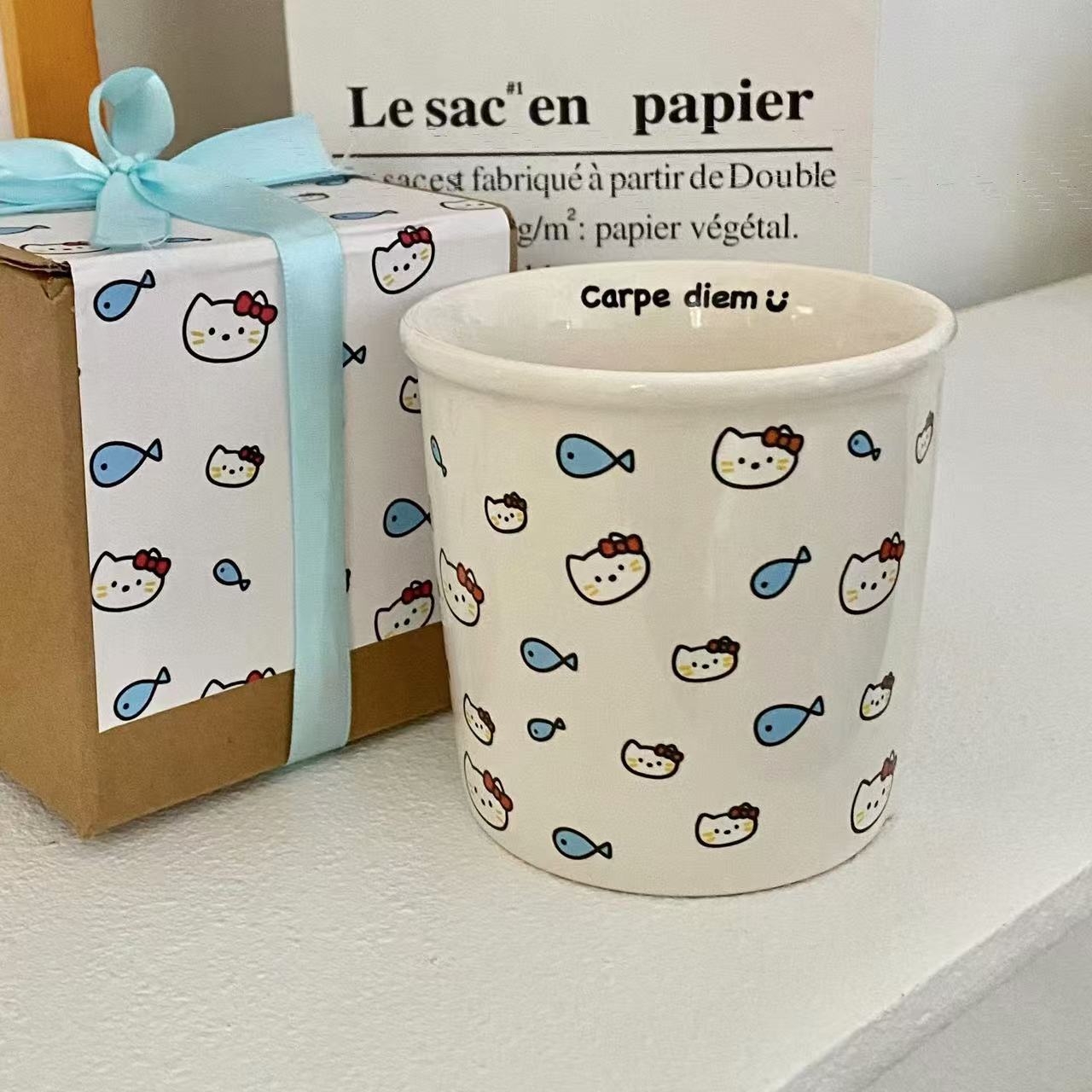 ins cat eating fish ceramic cup mug, cute paper cup shape, hand-held cup, coffee cup, birthday gift, water cup details Picture