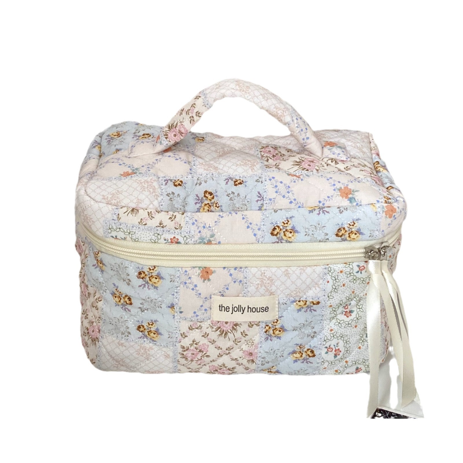 Patchwork floral hand-held makeup bag for women, large-capacity portable for going out, skin care and cosmetics storage bag, hand-held bag Item Picture