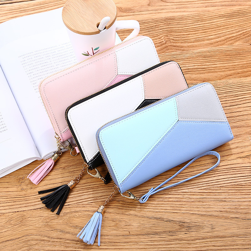 Color-blocking and spliced long wallet, women's clutch bag, 2020 new large-capacity zipper wallet, women's trendy style full figure