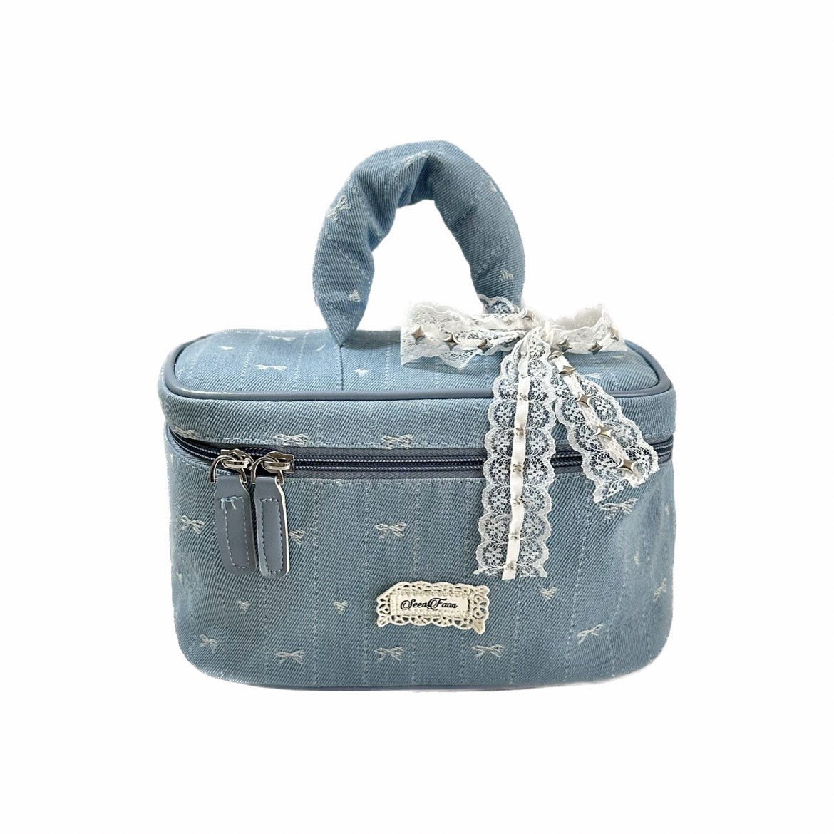 Denim lace makeup bag 2025 New style, large capacity, high-end feel, bow compartment storage bag, hand-held makeup bag Item Picture