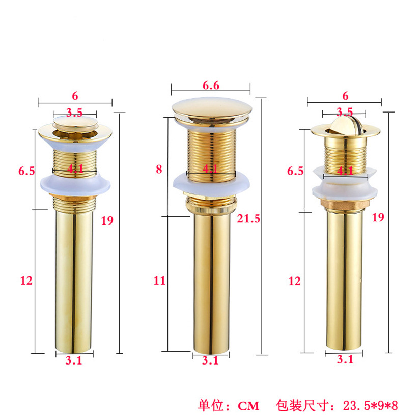 Anti-odor gold drain, washbasin, washbasin, no hole, bouncing flap, brushed gold drain, no overflow hole, brass details Picture