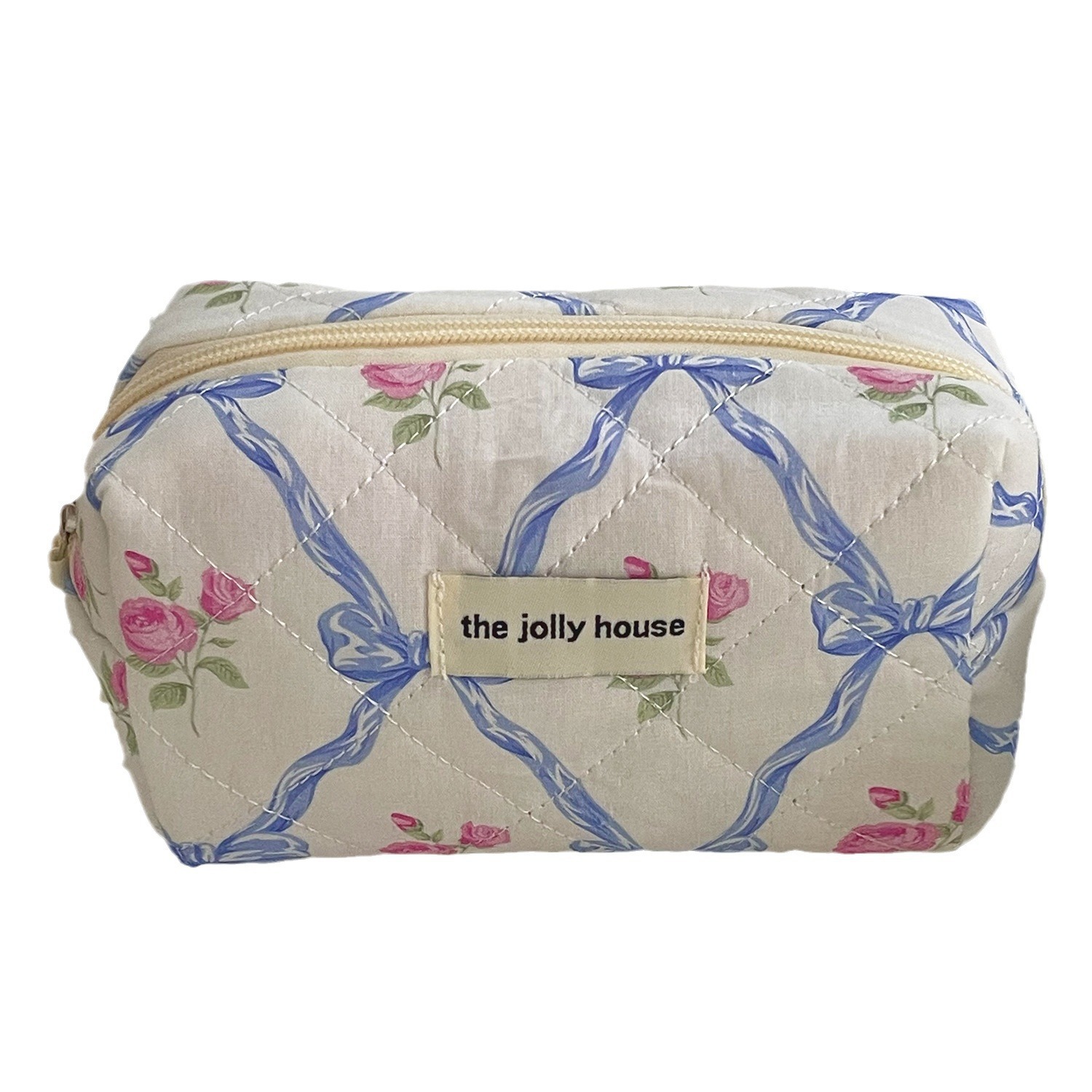 Bow flower storage bag, court-style retro soft and fluffy toiletries bag, quilted soft and shockproof, cute octagonal bag Item Picture