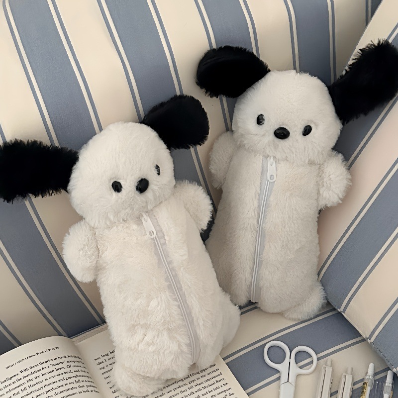 Creative cartoon puppy plush pen case, cute doll, soft and soothing doll pen case, student stationery storage bag details Picture