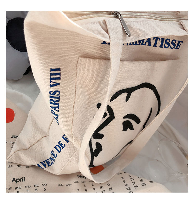 【 In Stock 】A224 Korean Instagram style simple women's portrait printed canvas bag, single-shoulder bag, outer pocket cloth bag Item Picture
