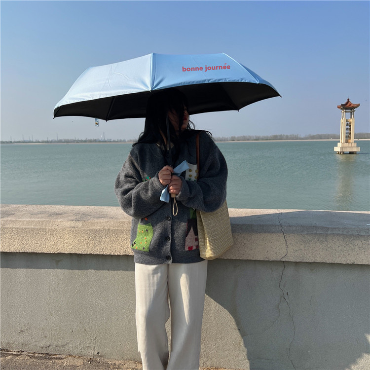 Homemade ins sea salt blue black rubber sun umbrella, fresh French umbrella, three-fold portable umbrella, UV protection Specification drawing