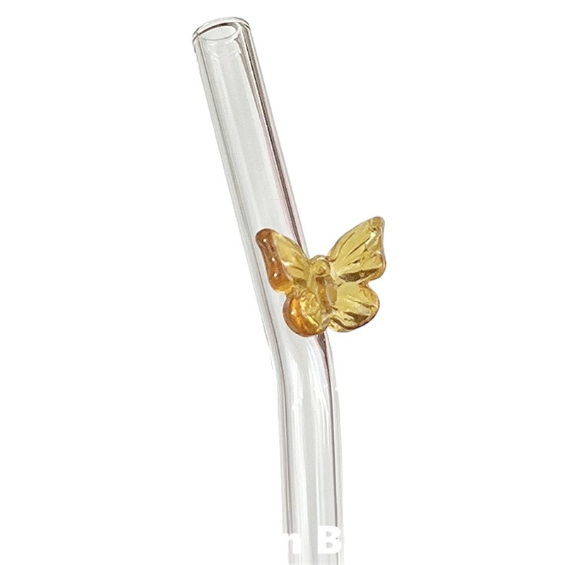 Three-dimensional colorful butterfly glass straws, high appearance level, ins style, girlish, heat-resistant milk coffee elbow straws Item Picture
