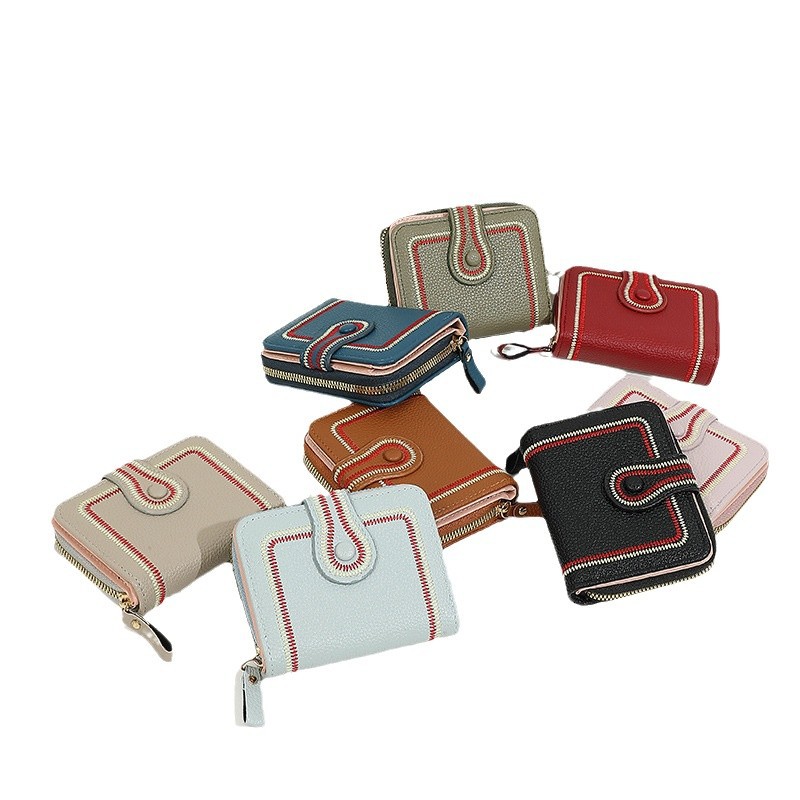 New small wallet women's short, high-quality coin purse with multiple slots and contrasting colors, cross-border wallet with embroidered thread buckle Item Picture