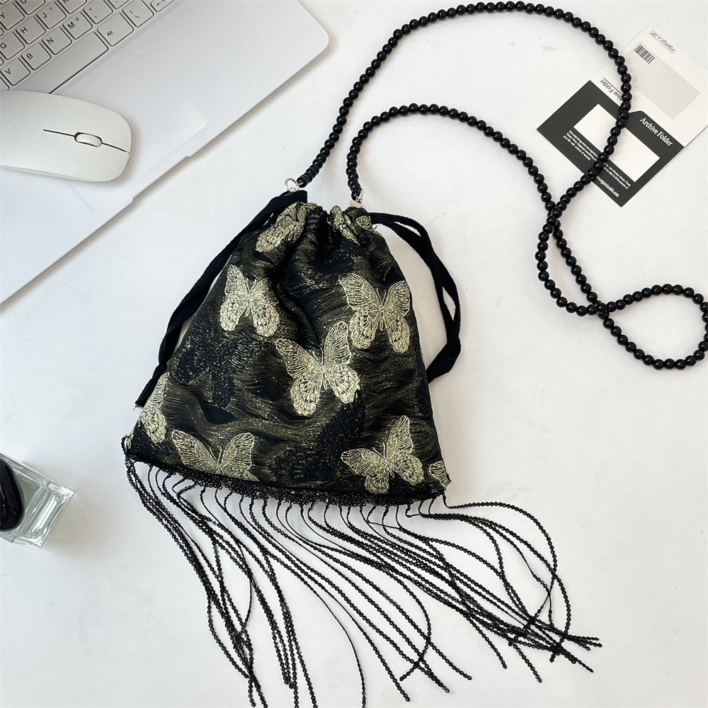 53303 New Chinese-style Golden Thread Butterfly Drawstring Drawstring crossbody Bag, Retro tassel single-shoulder bag, laid-back underarm bag details Picture
