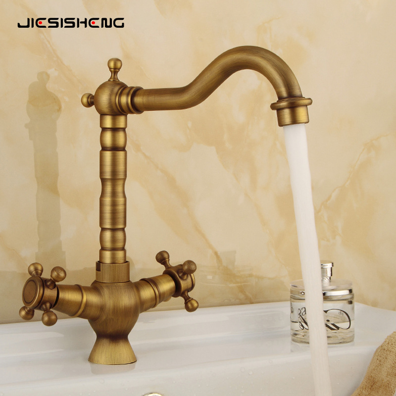 Cross-border brass antique double-handle handwheel washbasin faucet, household kitchen sink, sink, hot and cold water faucet, splash-proof details Picture