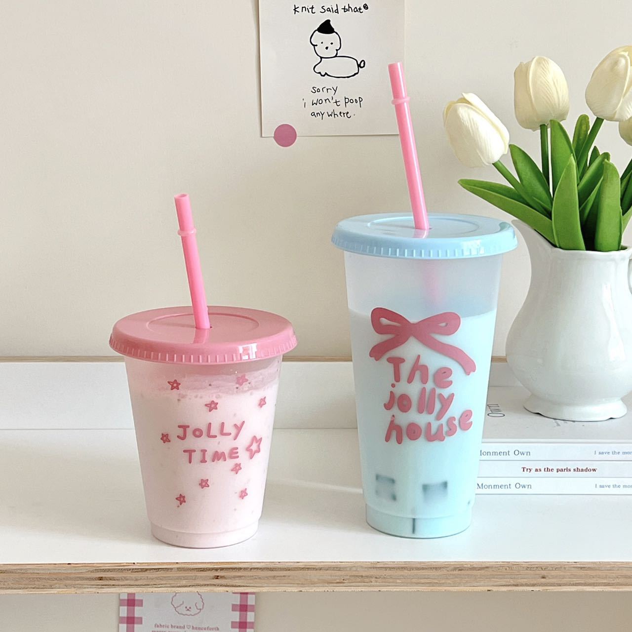Summer bestsellers ~ins high appearance level, large capacity, cute, portable coffee cup, recyclable plastic straw cup full figure