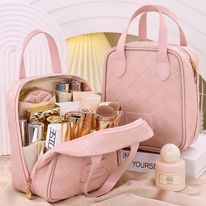 Portable travel PU storage bag for cosmetics, new large-capacity woven makeup bag, high appearance level storage bag full figure