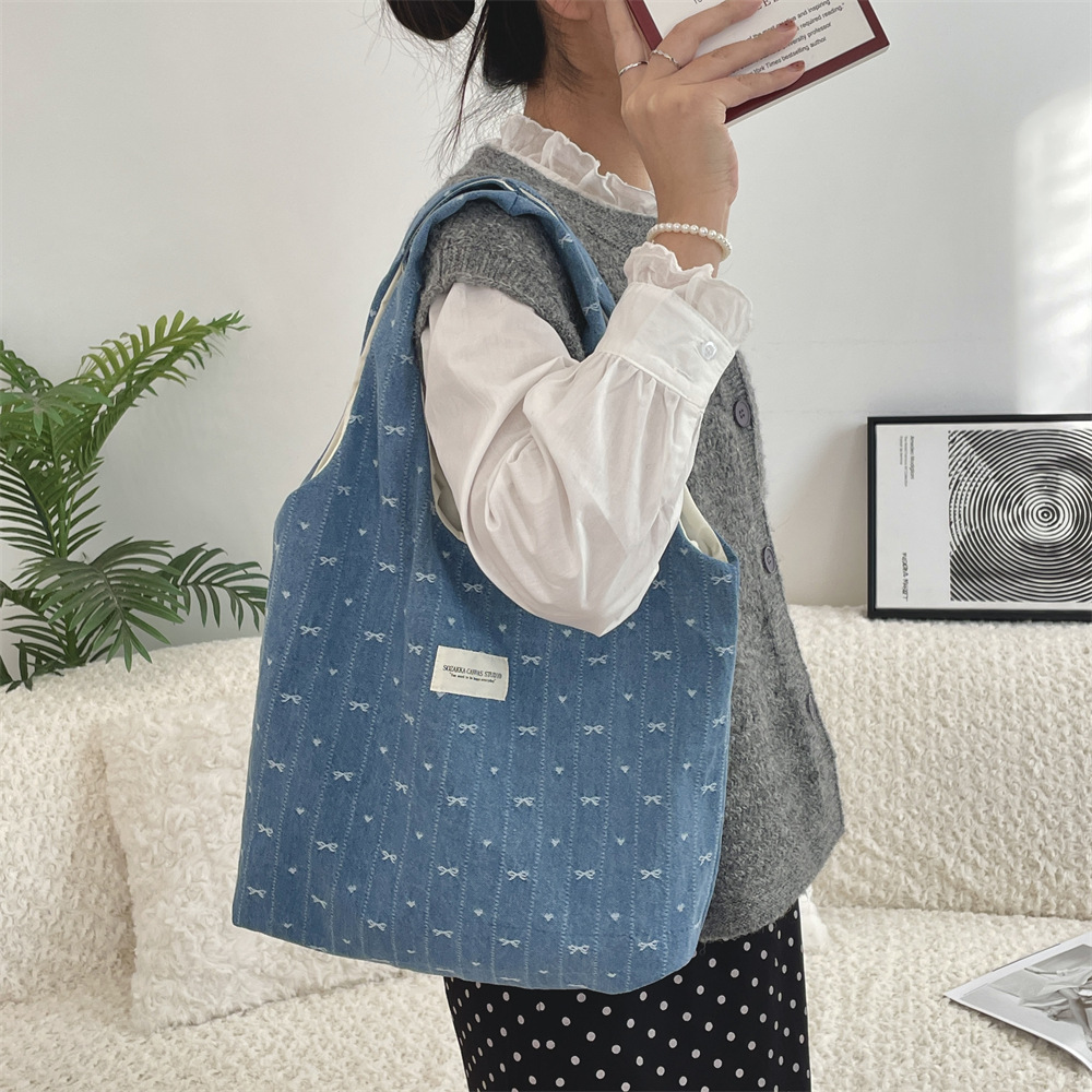 41191 Denim bow tie large-capacity vest bag for female students, book bag, single-shoulder large-capacity shopping bag details Picture