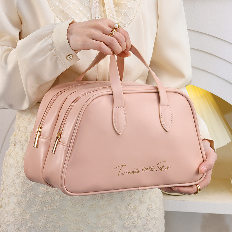 Large-capacity PU leather double-layer high-appearance-level cosmetic bag, travel toiletries bag, waterproof portable storage bag, hand-held storage bag full figure