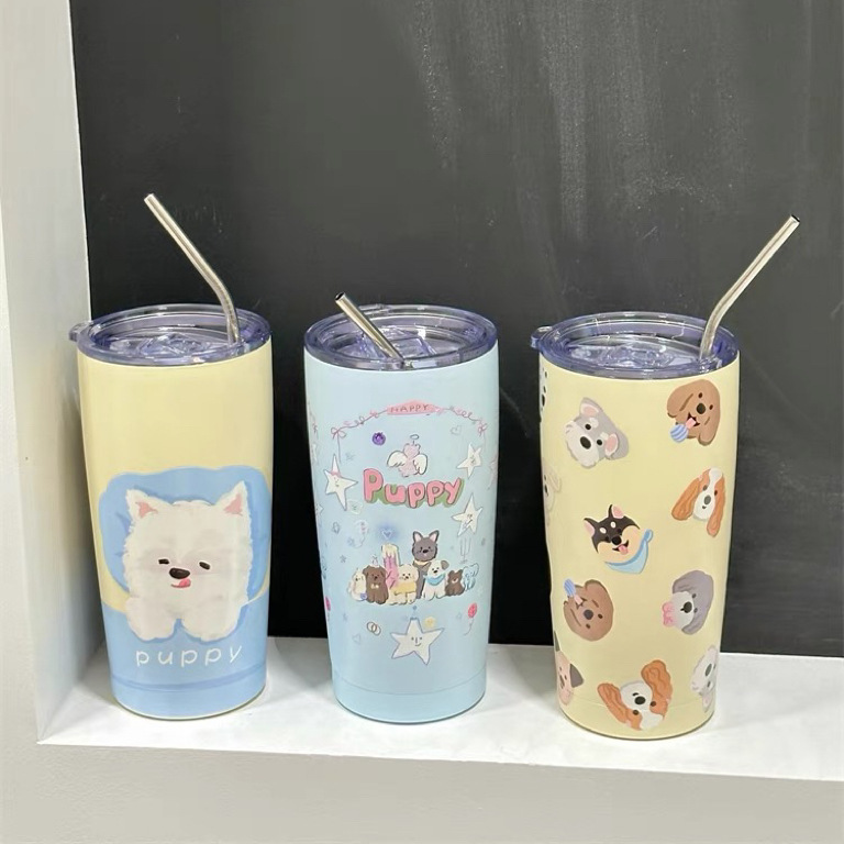 Korean-style cartoon puppy insulated cup, high appearance level 304 stainless steel water cup, high-temperature resistant portable straw cup, coffee cup full figure