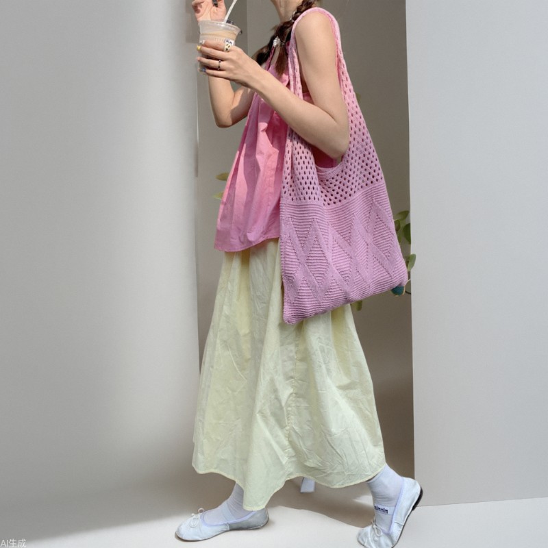 36281 Korean ins solid color diamond-shaped tote bag, hollowed-out knitted woolen bag, casual underarm bag, single-shoulder bag full figure