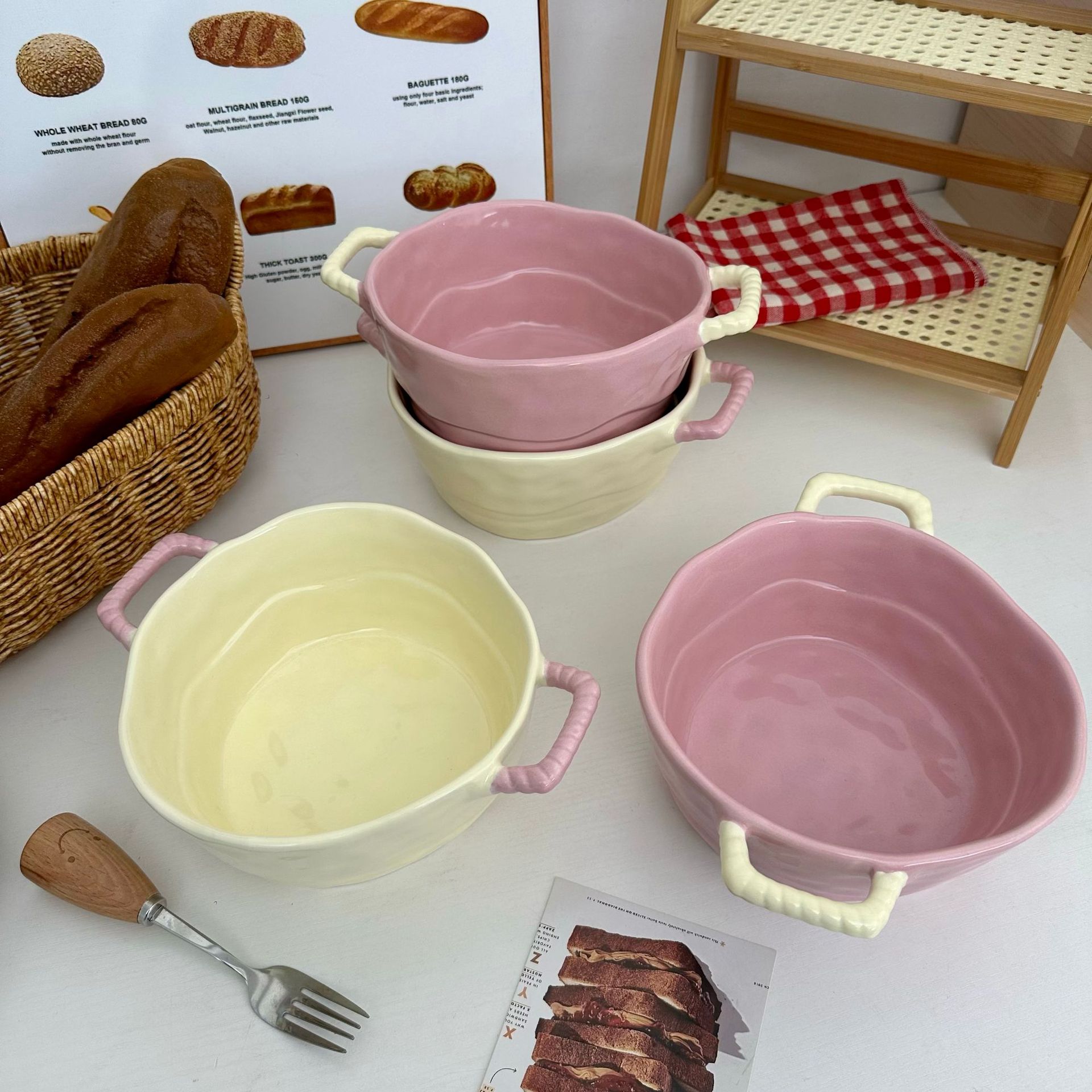 High-quality double-eared ceramic tableware for home use and dormitories, instant noodle bowls, soup bowls, noodle bowls, salad and fruit bowls, baking bowls details Picture