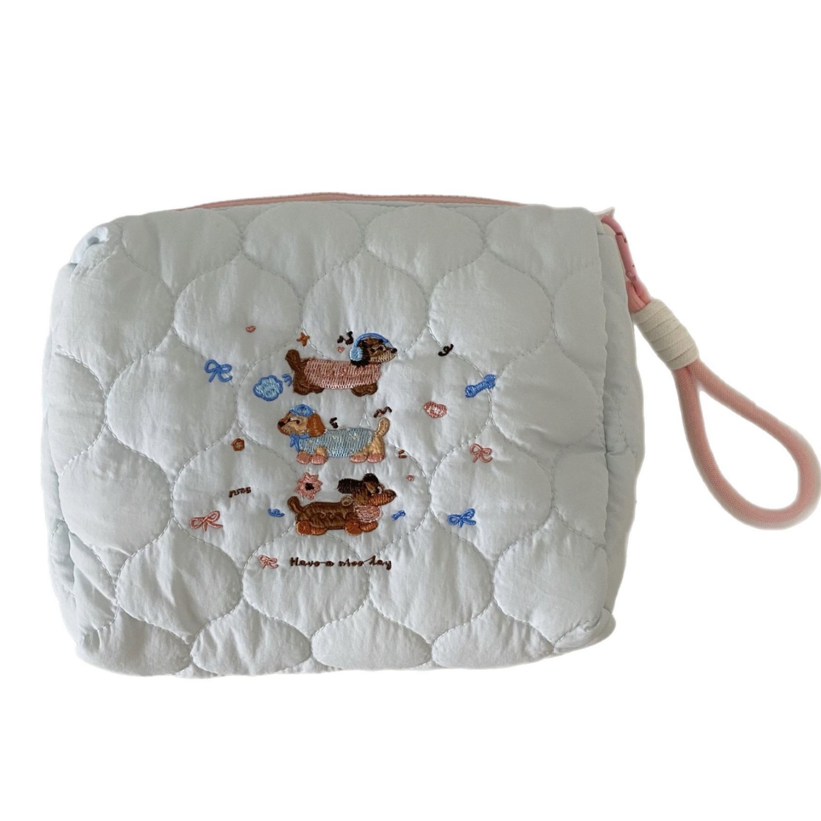 Cute embroidered puppy makeup bag, portable hand-held bag with lanyard, large capacity travel skin care products, hand-held bag mouth red envelope Item Picture