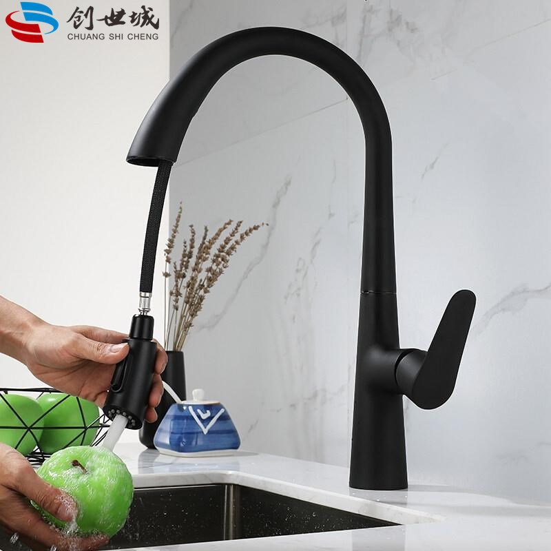 Water-plated gun gray pull-out kitchen faucet, household pressure-increasing universal dishwashing basin, cold and hot splash-proof faucet full figure