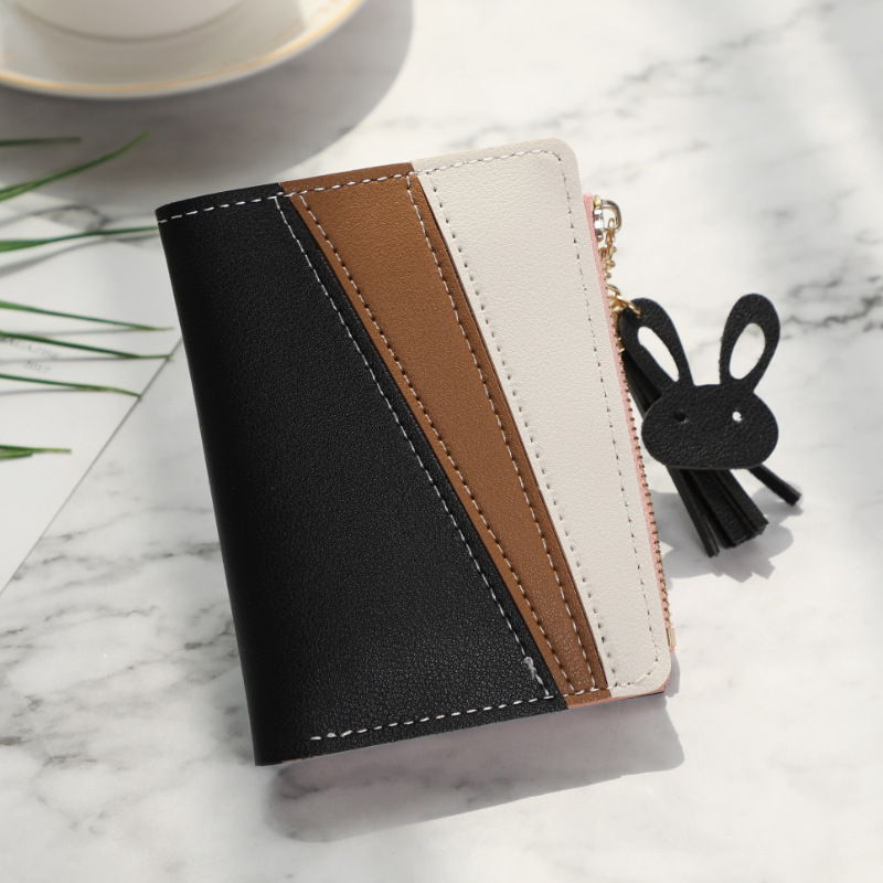New wallet, women's bag, short student style, Korean style, ins fashion color contrast, trendy loose change card bag, PU leather wallet details Picture