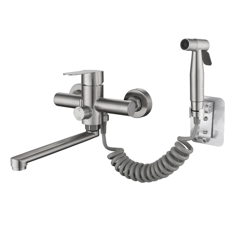 304 stainless steel cold and hot brushed in-wall double-hole kitchen sink faucet with cleaning nozzle without drilling full figure