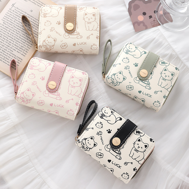 A simple and cute little cat Japanese-style ladies' buckle pocket, a portable multi-functional short wallet for women details Picture