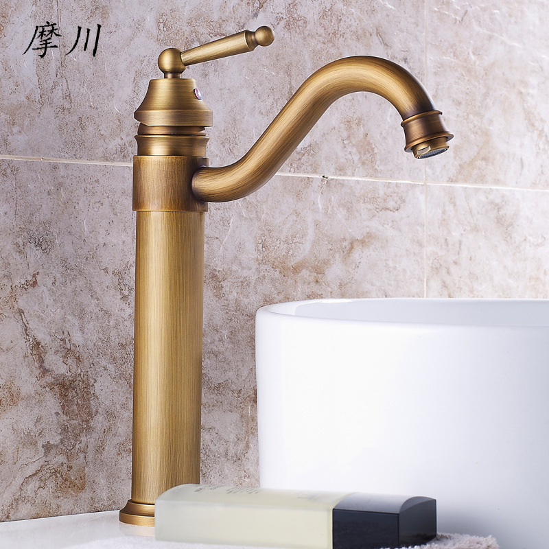 Brass European-style antique bathroom basin faucet, cold and hot single-hole washbasin with high countertop faucet full figure