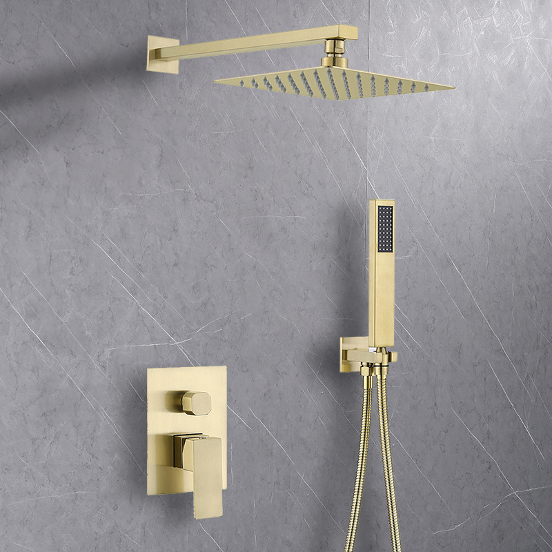 Wholesale brushed gold stainless steel concealed wall-mounted shower head set, copper embedded box, square gold faucet full figure