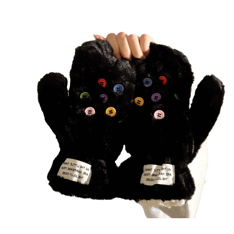 2024 Colorful button plush gloves for women's winter warmth, thick and fluffy gloves with fingers that can be worn around the neck Item Picture