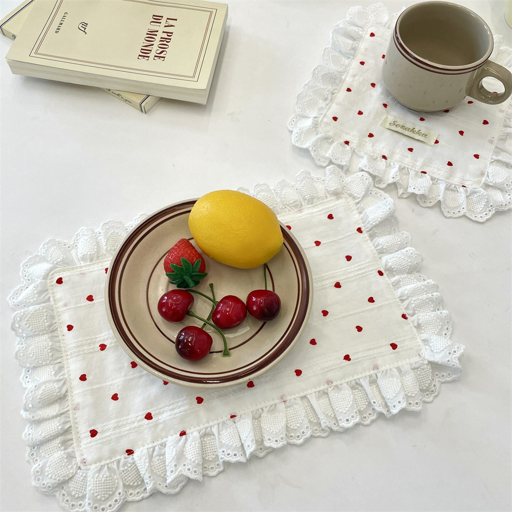 53261 ins heart-shaped lace napkins, placemats, coasters, double-layer, multi-purpose, dust-proof, suitable for Western cuisine and coffee in restaurants details Picture