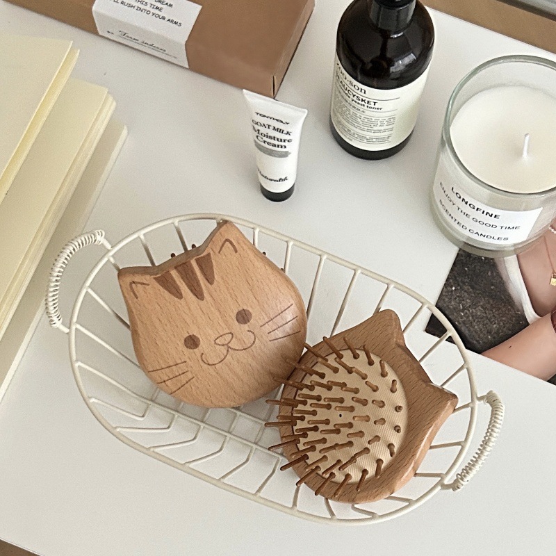 Mini and cute cat airbag comb, small beech wood portable round comb, massage scalp and hair care comb, portable wooden comb for women full figure