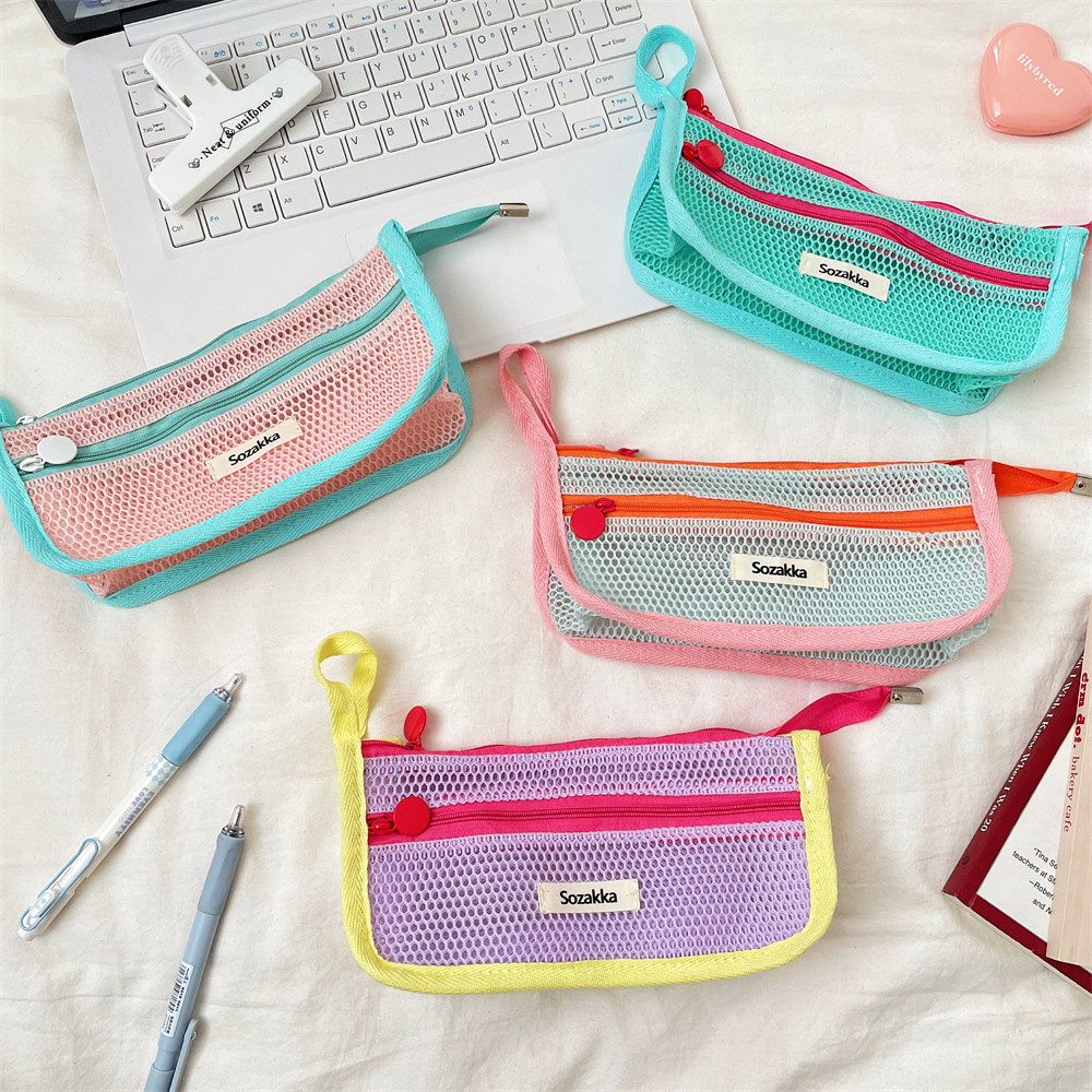 5612 Dopamine color-blocking cosmetic Bag, Large capacity pen case, Stationery Storage Bag, Portable mesh Pencil case full figure