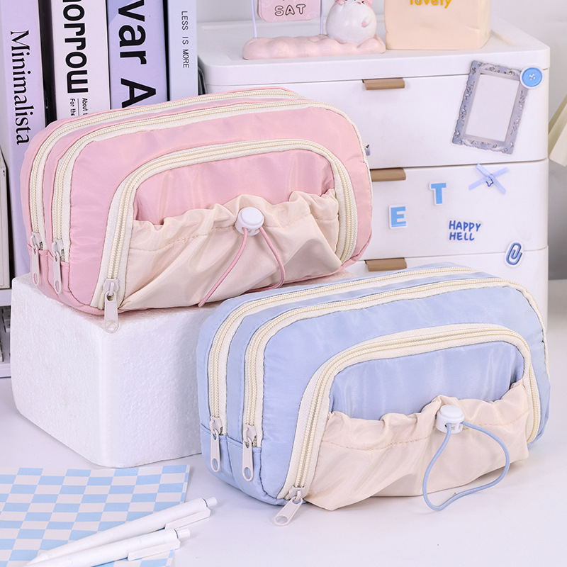 Five-layer large-capacity pen case for girls, new simple and high-appearation-level stationery box for junior high school and primary school students, retractable drawstring pen case full figure