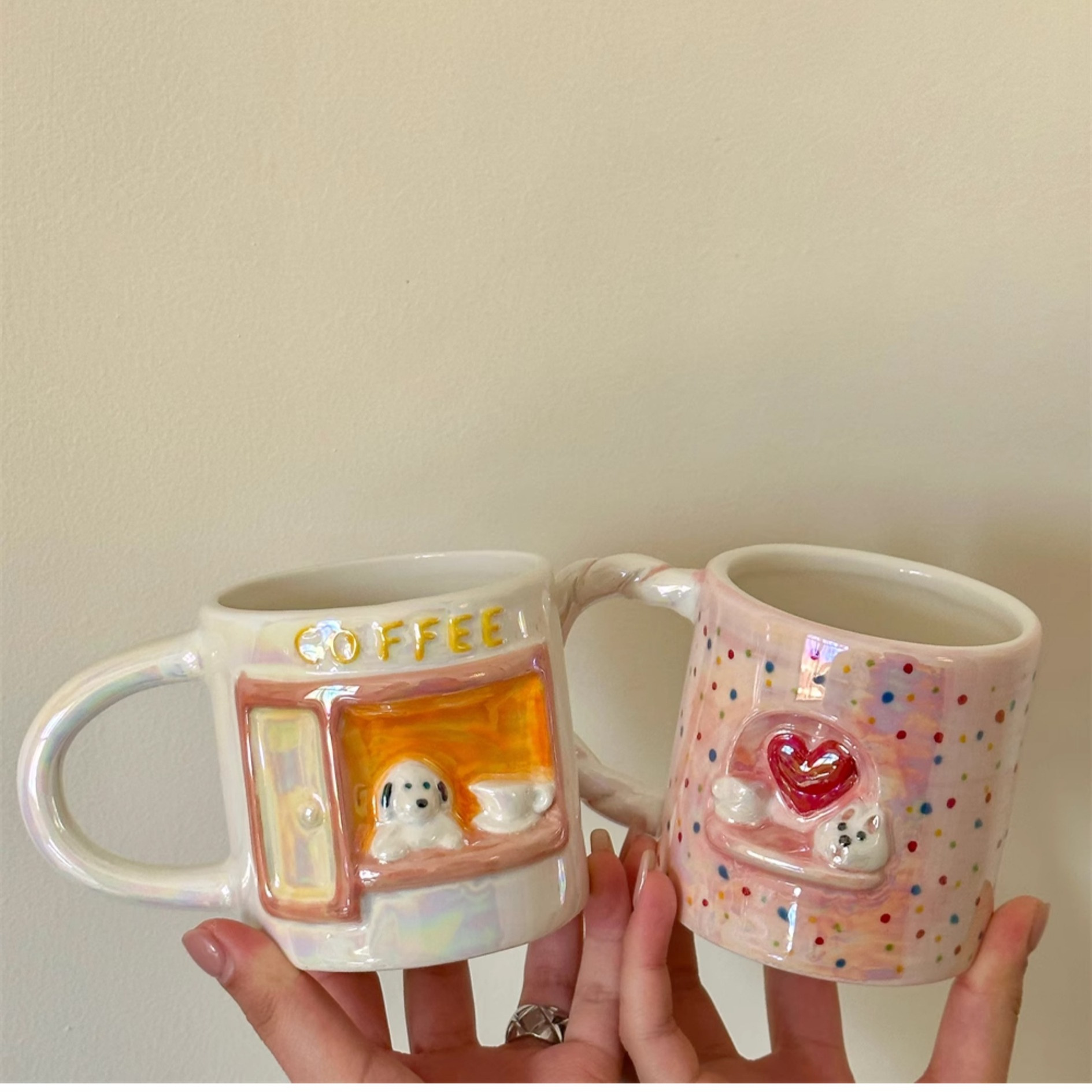Cute pearlescent embossed puppy mug, girlish heart, high appearance level ceramic cup, couple breakfast coffee cup, water cup Application Scenario
